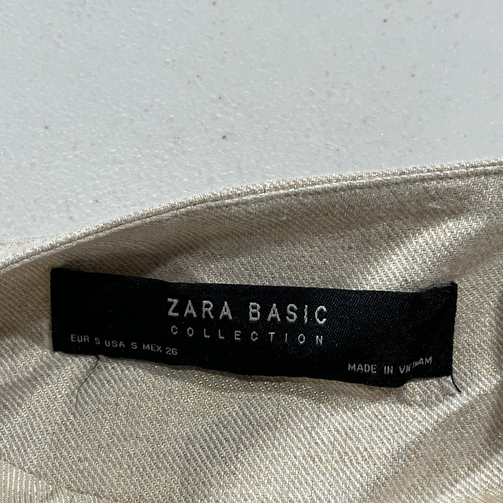 Zara Blazer Jacket Womens S Linen Beige Open Gold Shimmer Lagenlook Preppy - Picture 2 of 9